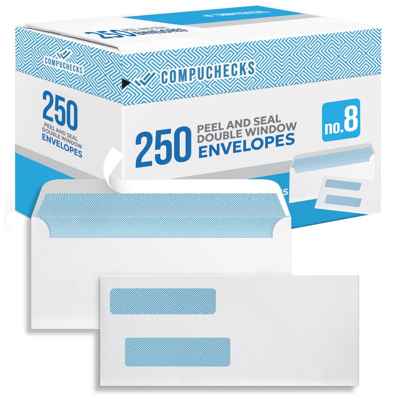Compuchecks Double Window Envelopes #8- Peel and Seal Strip, Security Business Mailing Check Envelopes - Tamper Evident, Security Tint - 250 Count â€“ Guaranteed to fit QuickBooks Checks - Image 1